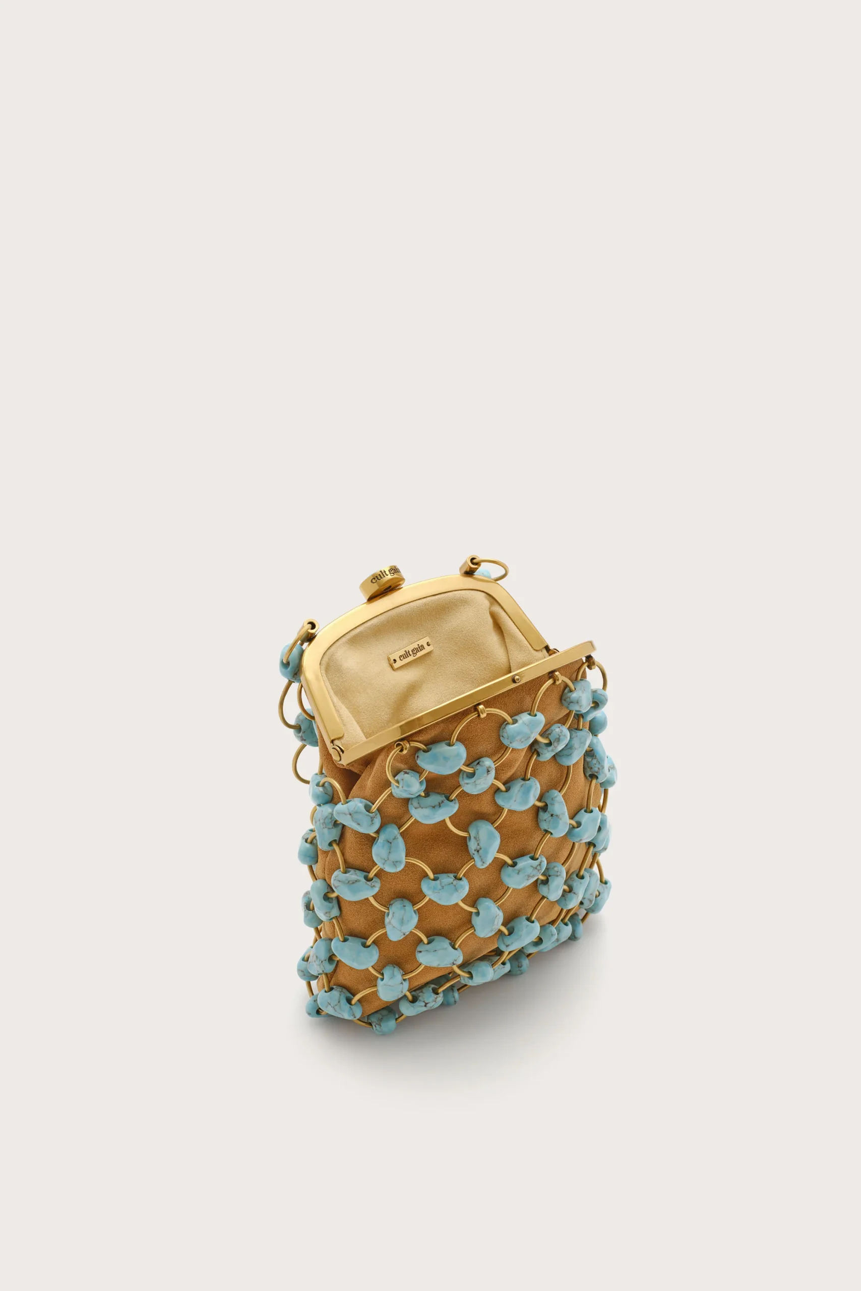IMG_1446 - New Trend Beige small handbag with a gold frame and turquoise flower-like embellishments all over the body