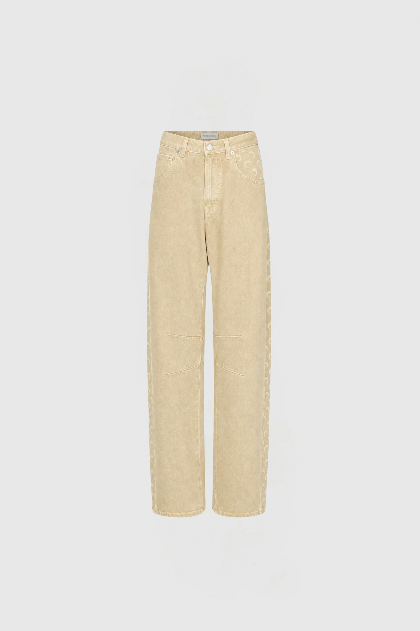 Untitled design - New Trend Beige denim jeans with a subtle pattern along the right leg seam, shown from waist to ankles against a pale background.
