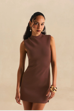Model wearing a sleeveless brown mini dress, standing against a beige background, with gold earrings and chunky bracelets.