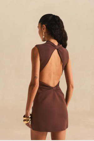 Woman shown from the back in a sleeveless brown open-back mini dress with a knot at the neck and cutout down the spine, accessorized with gold earrings and bangles.