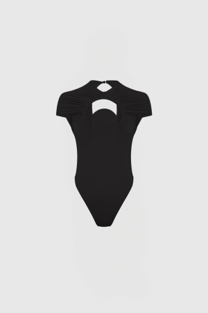 Black dress with a circular cutout neckline and ruched, cap sleeves on a mannequin/torso form.
