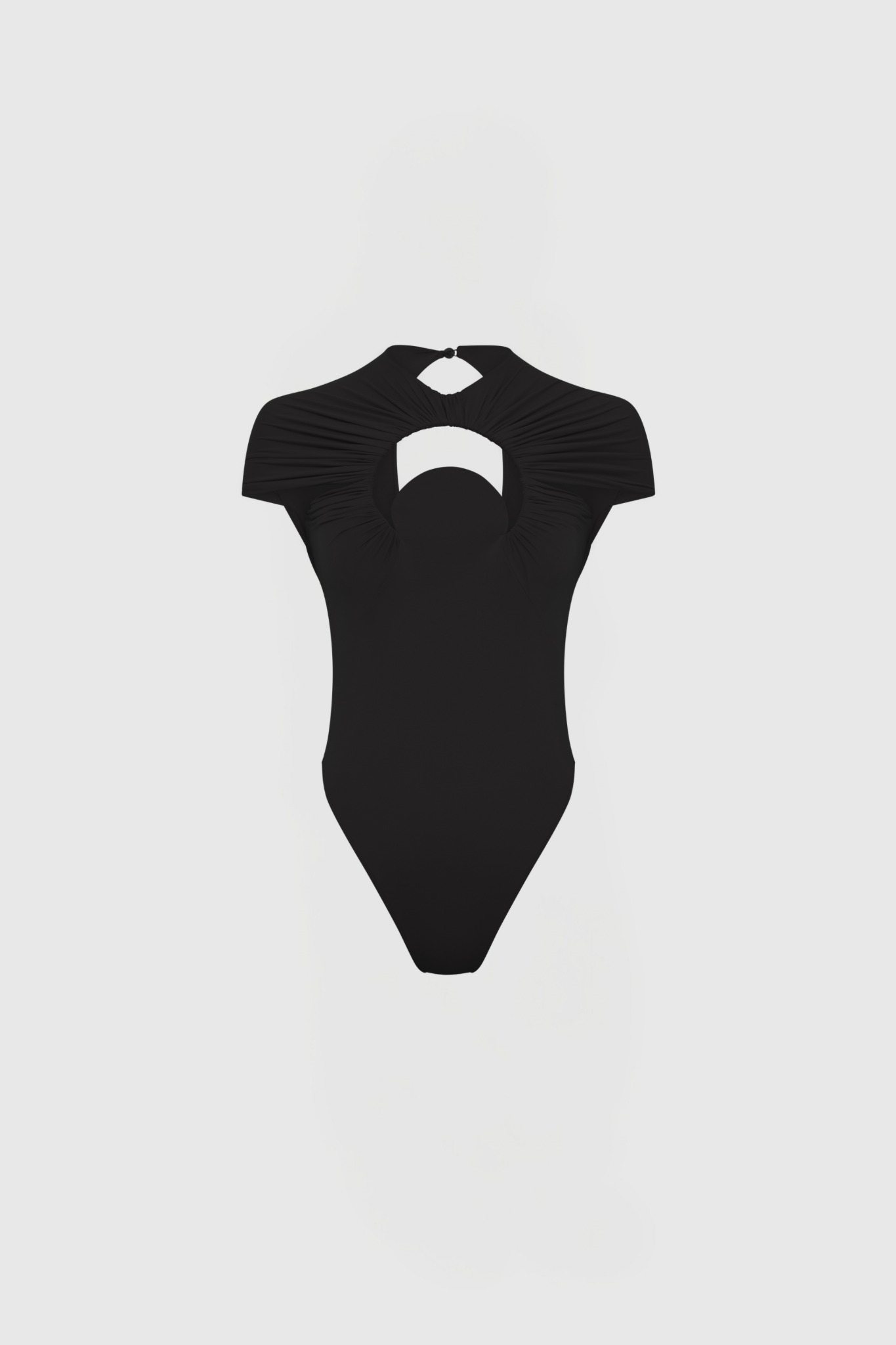 Untitled design - New Trend Black dress with a circular cutout neckline and ruched, cap sleeves on a mannequin/torso form.