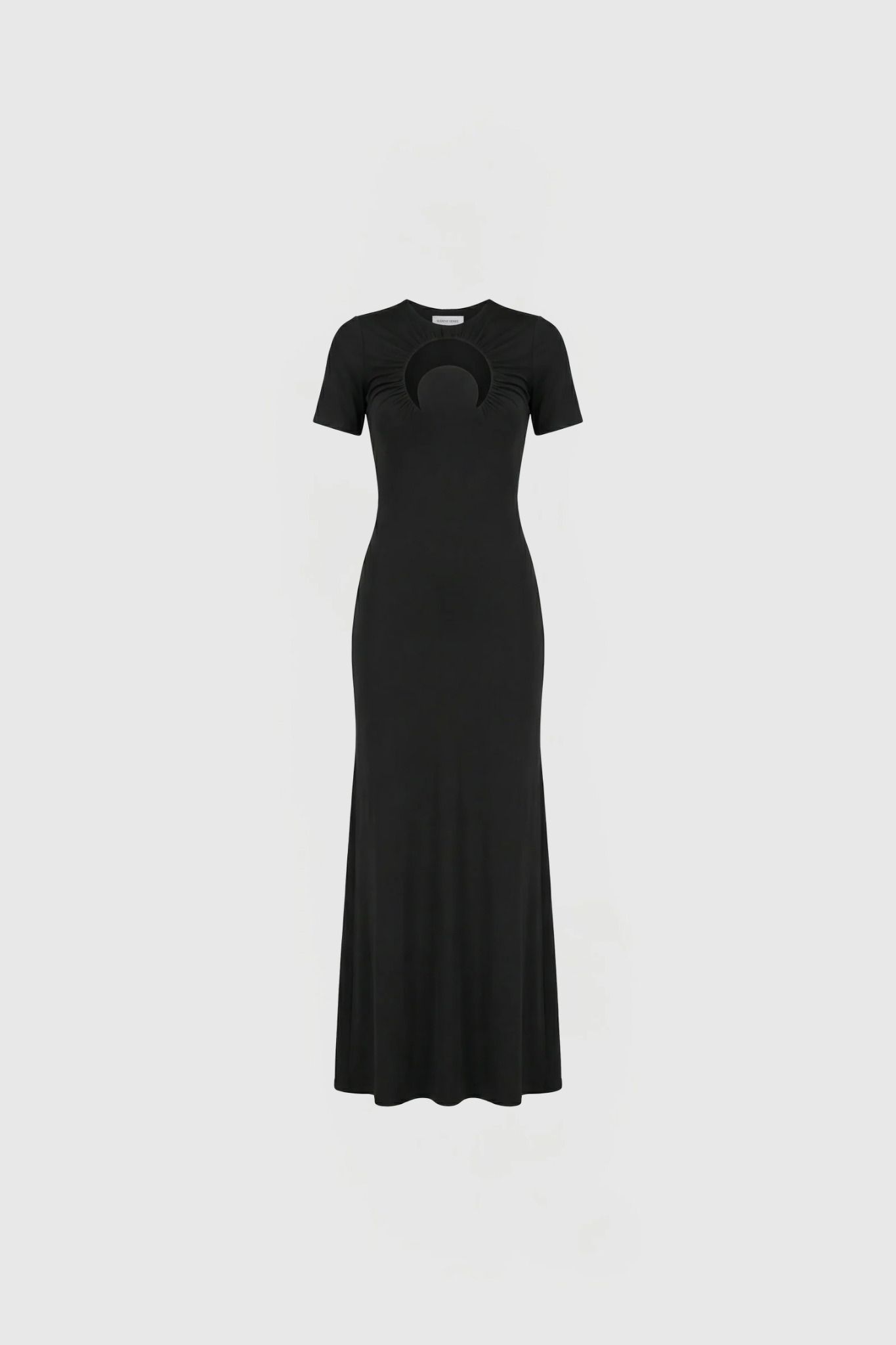 Untitled design - New Trend Black floor-length dress with short sleeves and a large circular cutout at the chest on a black silhouette