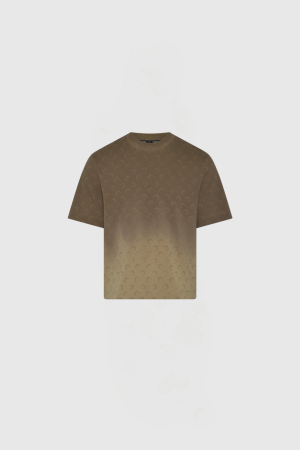 Brown gradient short-sleeve T-shirt with an all-over subtle curved motif pattern.