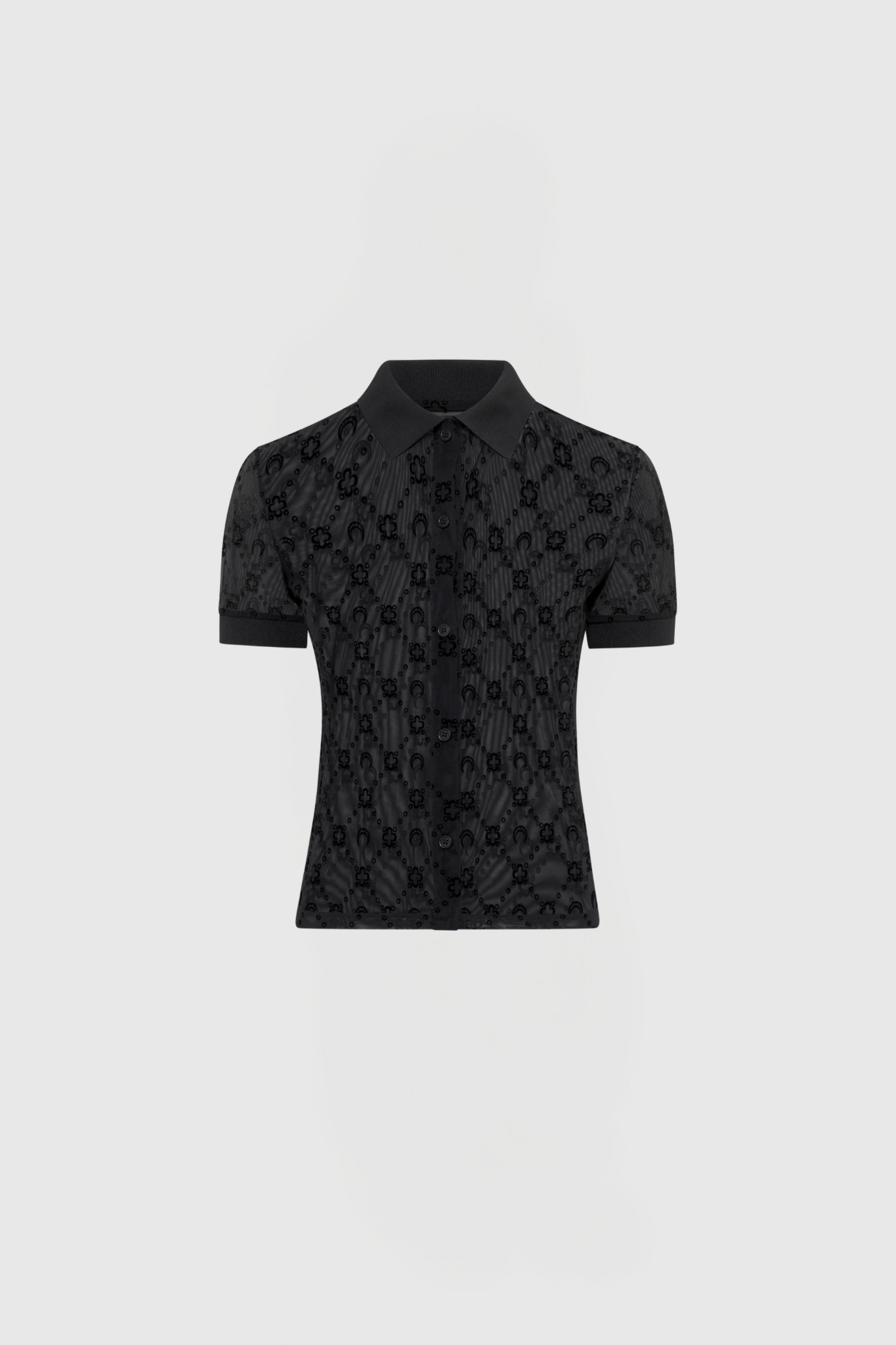 Untitled design - New Trend Black short-sleeve button-up blouse with a pointed collar and subtle floral lace pattern, shown from the waist up on a gray background
