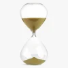 Hourglass with golden sand halfway through, set against a white background (time passing concept).