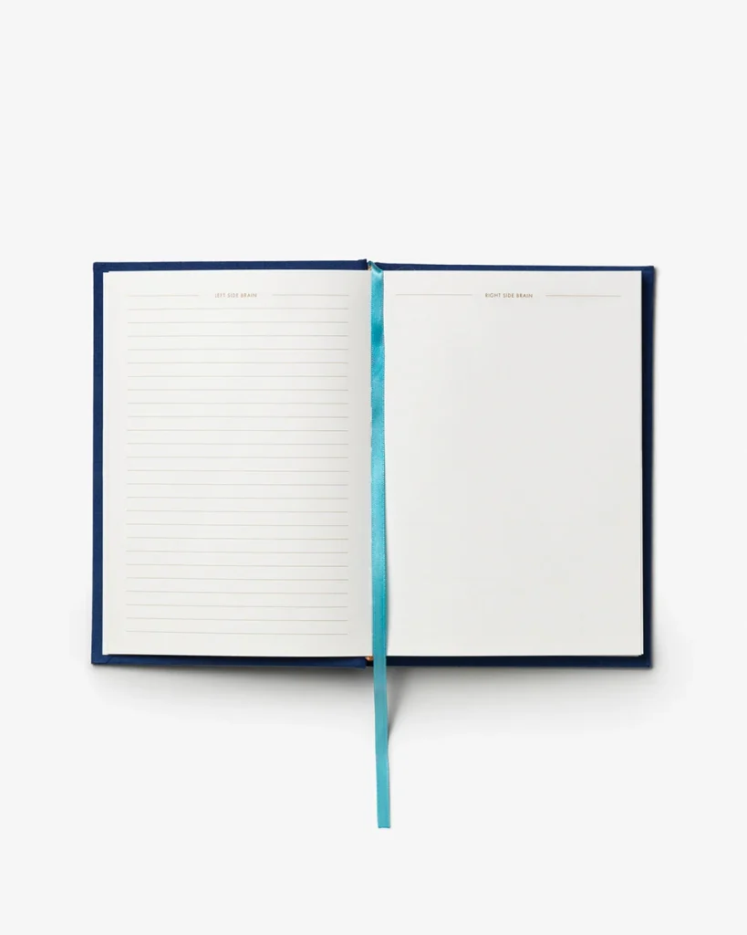 Open navy notebook with a turquoise ribbon bookmark; left page lined, right page blank.