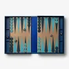 IMG_2411 - New Trend Open backgammon set with teal and dark pieces on brown boards, two dice on the board.