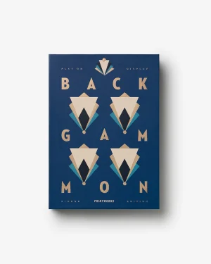 Blue backgammon-themed book cover with beige geometric shapes forming diamonds and the letters B A C K G A M M O N arranged in a grid.