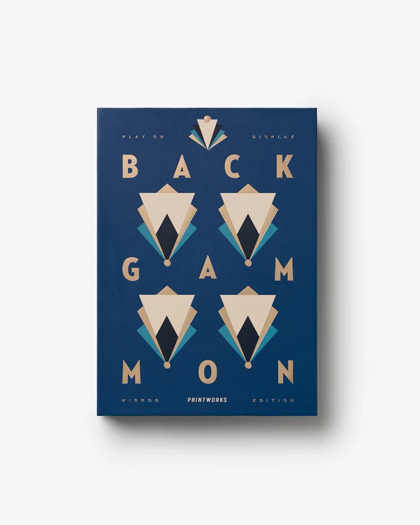 Blue backgammon-themed book cover with beige geometric shapes forming diamonds and the letters B A C K G A M M O N arranged in a grid.