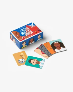 Colorful card game box titled 'Icons and Athletes of the World' with illustrated athlete portraits on cards laid out nearby.