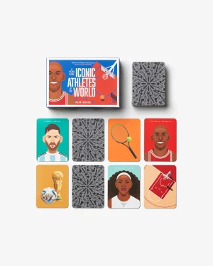 Boxed set of illustrated athlete trading cards laid out in a grid; box cover reads 'Iconic Athletes of the World'.