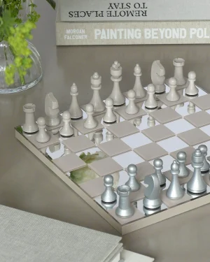 A chessboard with white and silver pieces set up on a glossy surface, with a vase of greenery and stacked books in the background.