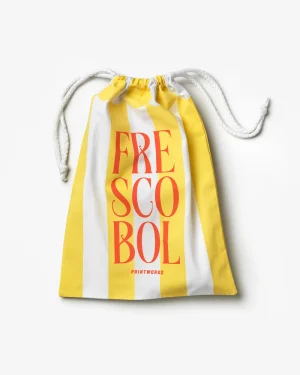 Yellow and white striped drawstring tote bag with bold red vertical text 'FRESCO BOL' and small 'PRINTWORKS' at the bottom
