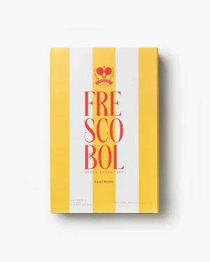 Yellow and white striped product box for a beach racket set, with red text and a small crest at the top fielding as packaging art.