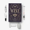 Dark blue hardcover book titled 'WINE' with gold ornate design, surrounded by wine tools (corkscrew, foil cutter, stopper, pour spout, thermometer) on a white background
