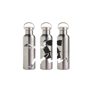 Triptych illustration of a girl running across three stainless steel water bottles, reaching for a cake on the left.