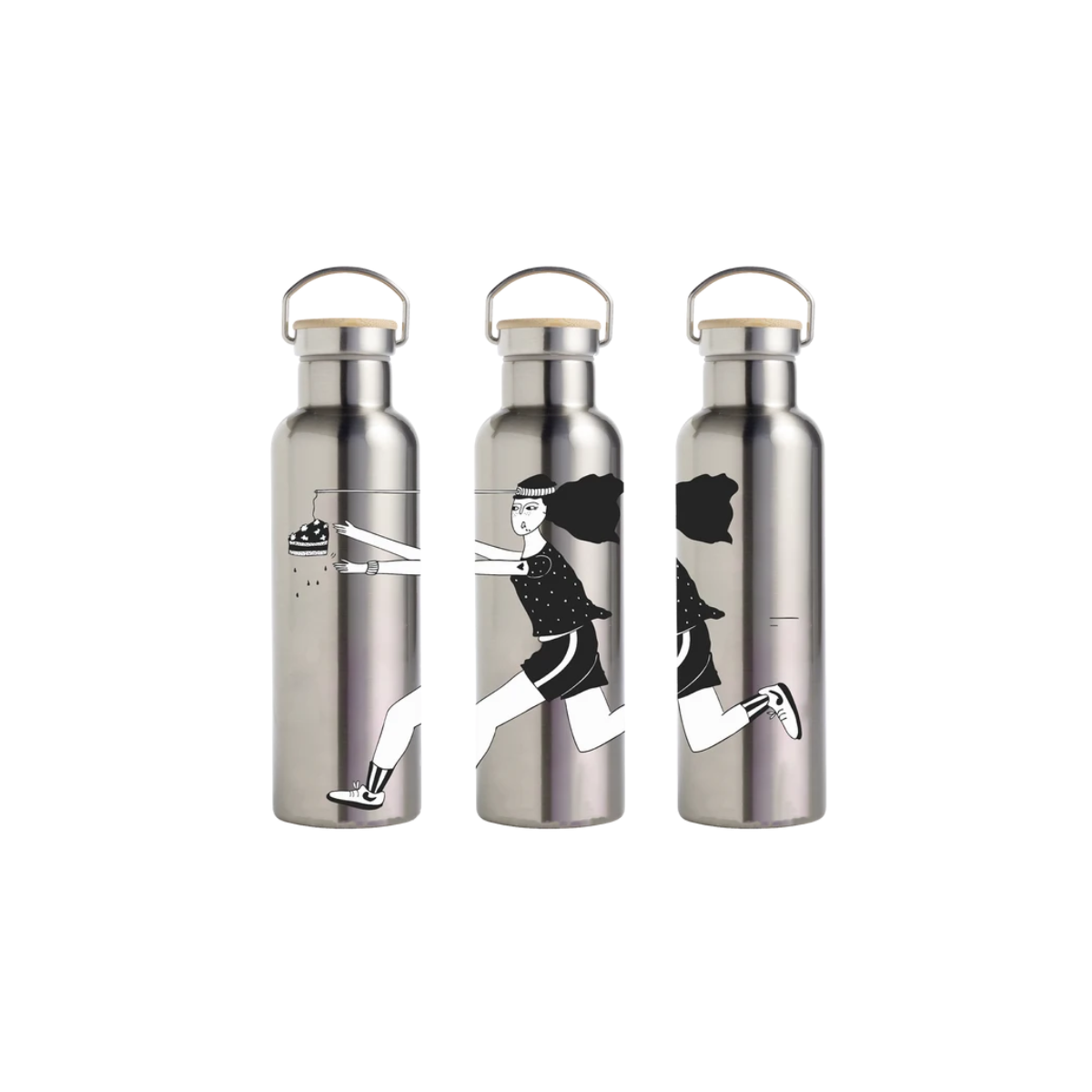 Untitled design - 1 - New Trend Triptych illustration of a girl running across three stainless steel water bottles, reaching for a cake on the left.