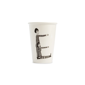 White cup with a black line drawing of two striped-clad people extending their arms forward.