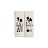 Pair of white towels featuring a black line-drawn couple holding hands, printed on each towel.