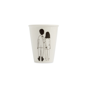 White cup with a black line drawing of a couple standing side by side, viewed from behind, holding hands.