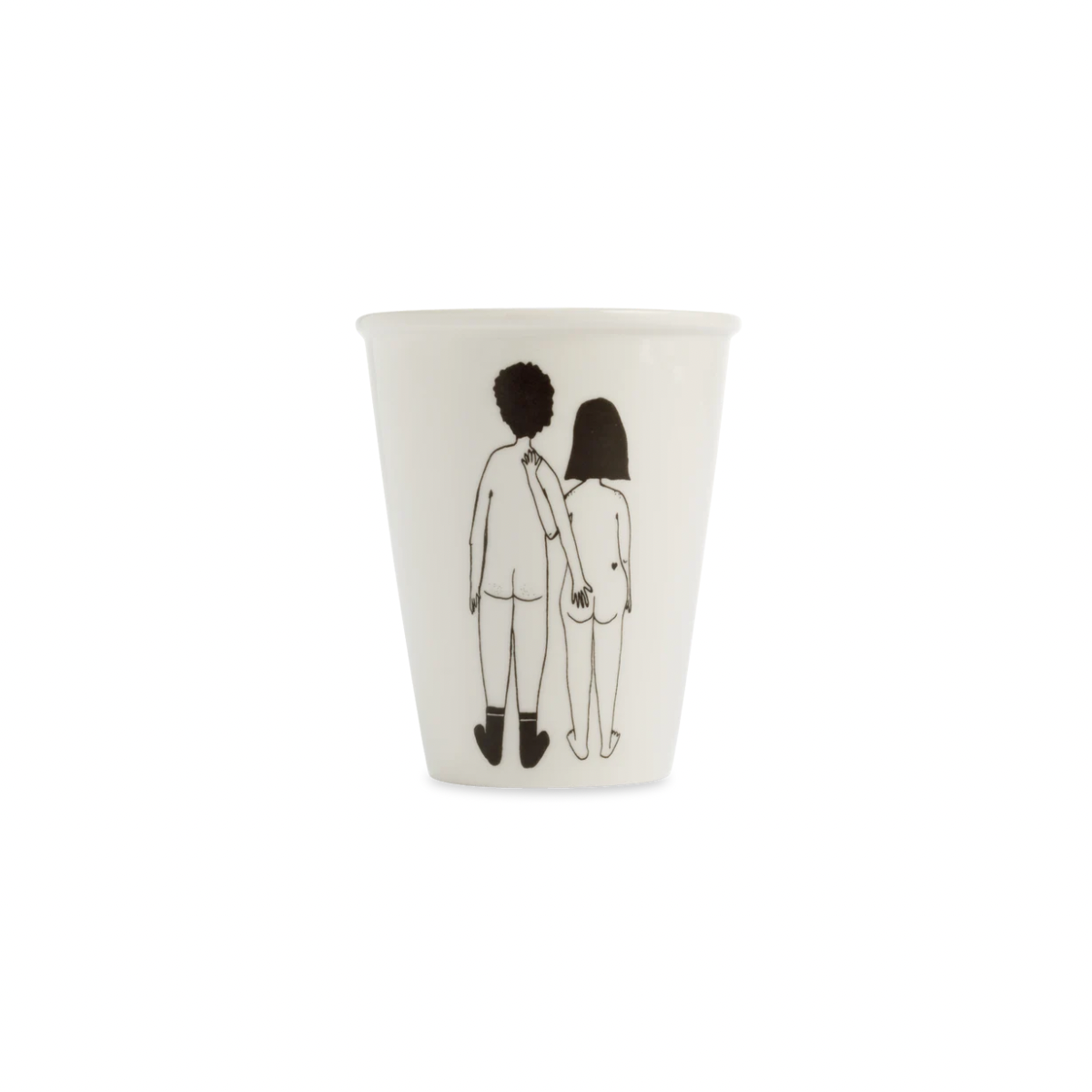 Untitled design - New Trend White cup with a black line drawing of a couple standing side by side, viewed from behind, holding hands.