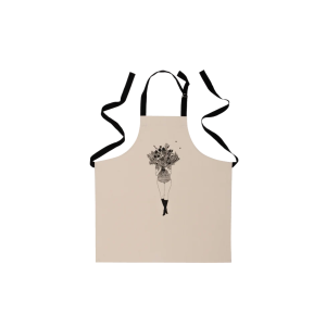 Beige apron with black neck and waist ties, printed with a whimsical figure whose head is a bouquet of flowers.