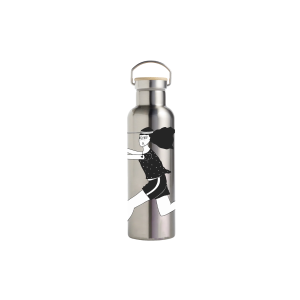 Stainless steel water bottle with a wooden-cap lid and a black-and-white illustration of a person running.