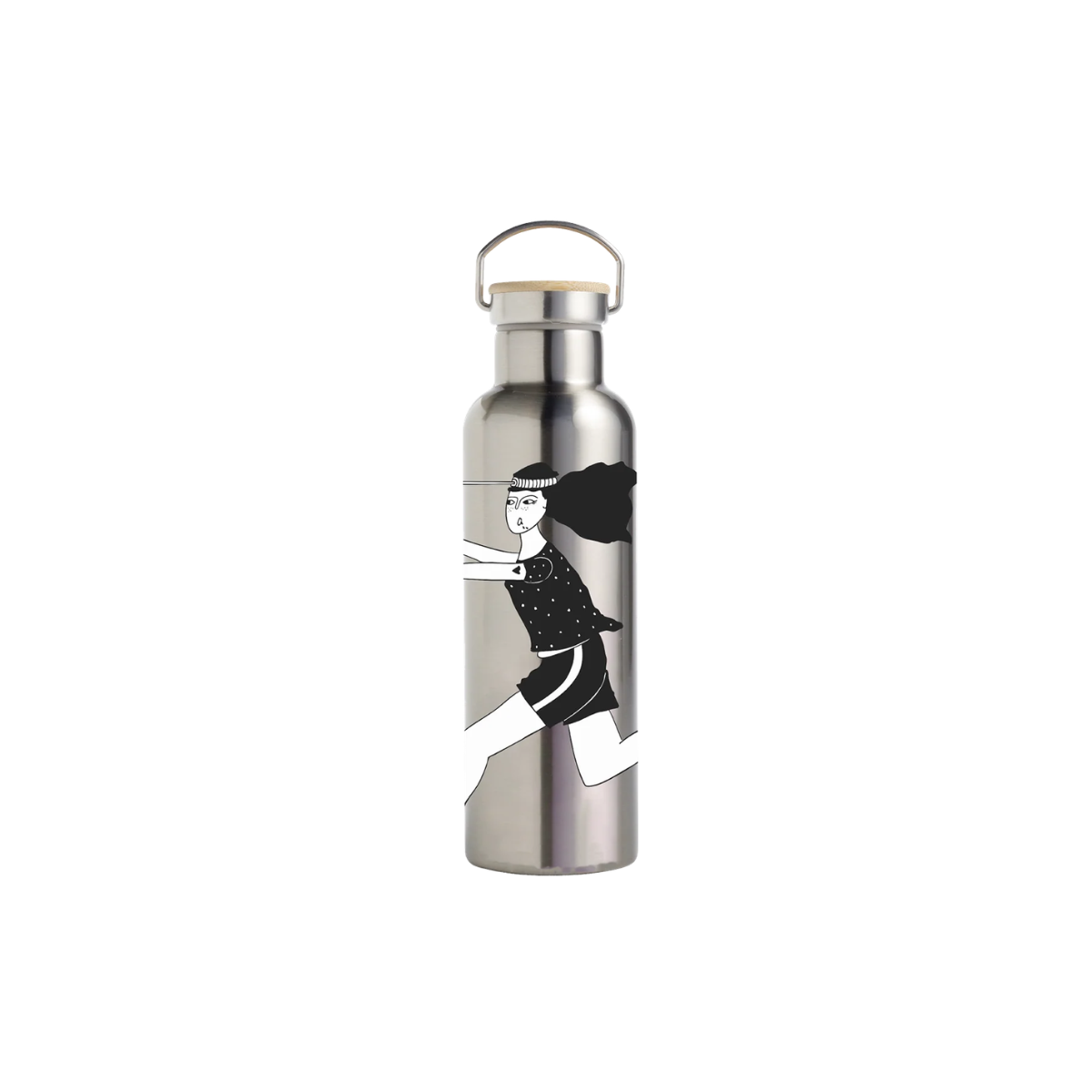 Untitled design - 2 - New Trend Stainless steel water bottle with a wooden-cap lid and a black-and-white illustration of a person running.