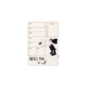 Hand-drawn weekly planner with Mon–Sun on the left and a to-do list on the right; a runner pushes a cake cart beside the page.