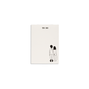 Cream-colored notebook with 'TO DO' at the top and a small black illustration of two people standing together in the bottom-right corner.