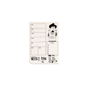 Hand-drawn weekly planner page with days of the week listed left (MO, TUE, WED, THU, FRI, SAT, SUN) and a person holding a 'TO DO' board; 'WEEKLY PLAN' at bottom.