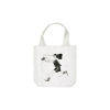 White tote bag with a black line drawing of a person running and reaching for a cake hanging from a string on the front.