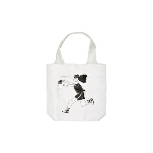 White tote bag with a black line drawing of a person running and reaching for a cake hanging from a string on the front.