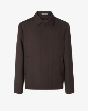 Brown men's jacket with a stand collar, single visible button, and side pockets on a plain background.