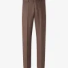 Brown tailored dress pants with belt loops and a waist button, full-length.