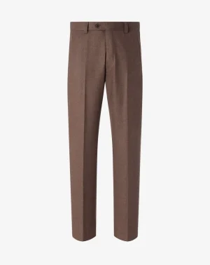 Brown tailored dress pants with belt loops and a waist button, full-length.