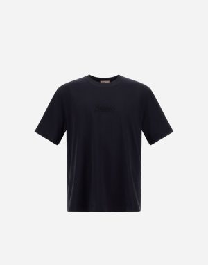 Black short-sleeve T-shirt with a small Herno logo on the chest, front view of a plain black tee
