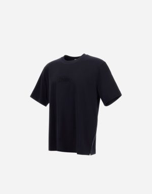 Dark navy short-sleeve T-shirt with a subtle logo on the chest.