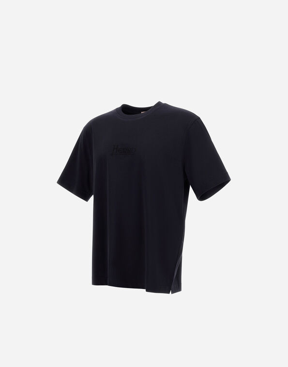 Dark navy short-sleeve T-shirt with a subtle logo on the chest.