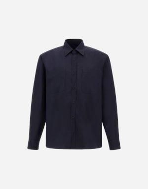 Navy button-down shirt with two chest pockets and long sleeves.
