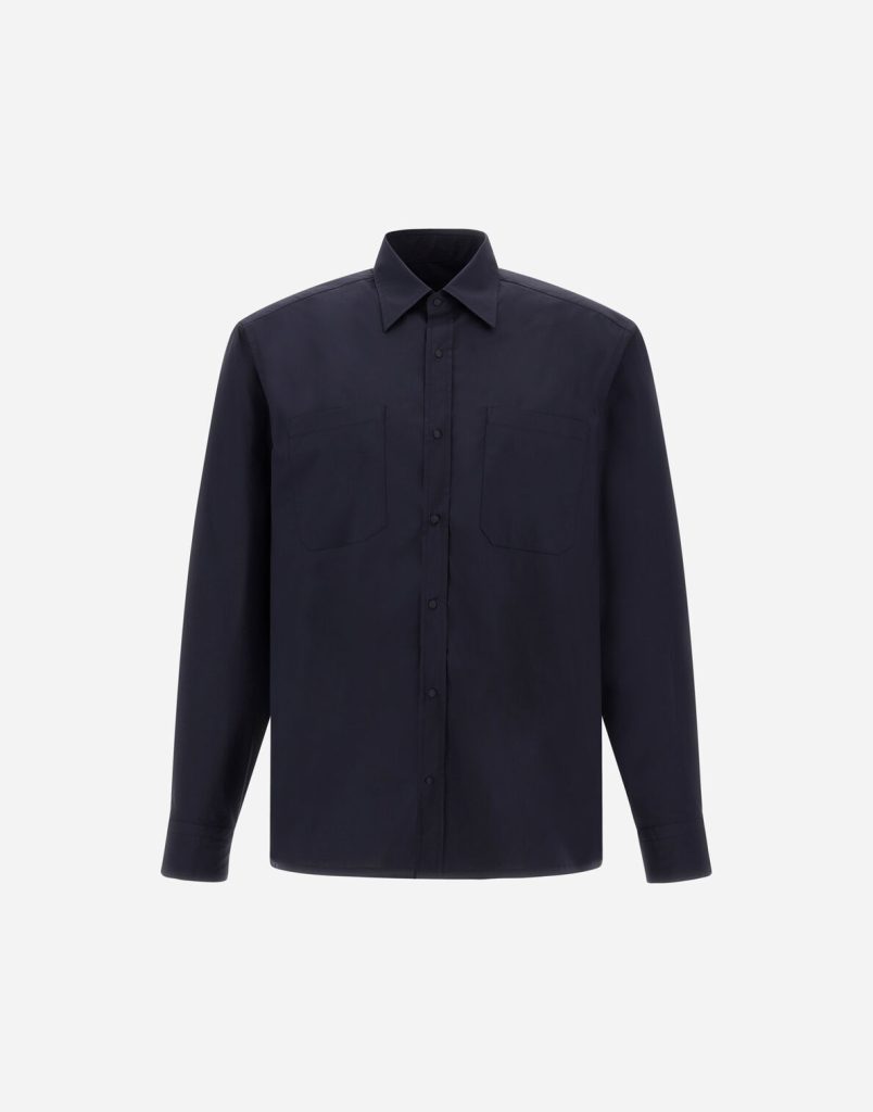 Navy button-down shirt with two chest pockets and long sleeves.