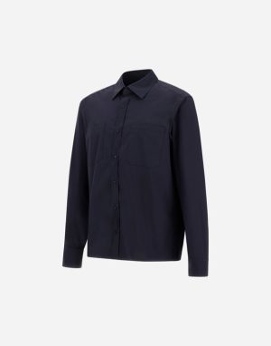 Navy long-sleeve button-down shirt with a front chest pocket on a white background.