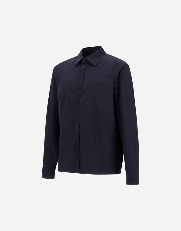 Navy long-sleeve button-down shirt with a front chest pocket on a white background.