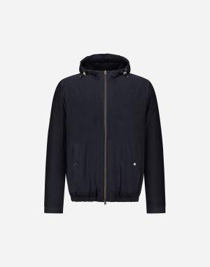 Navy zip-up hooded jacket with front pockets and elastic hem, shown front view.
