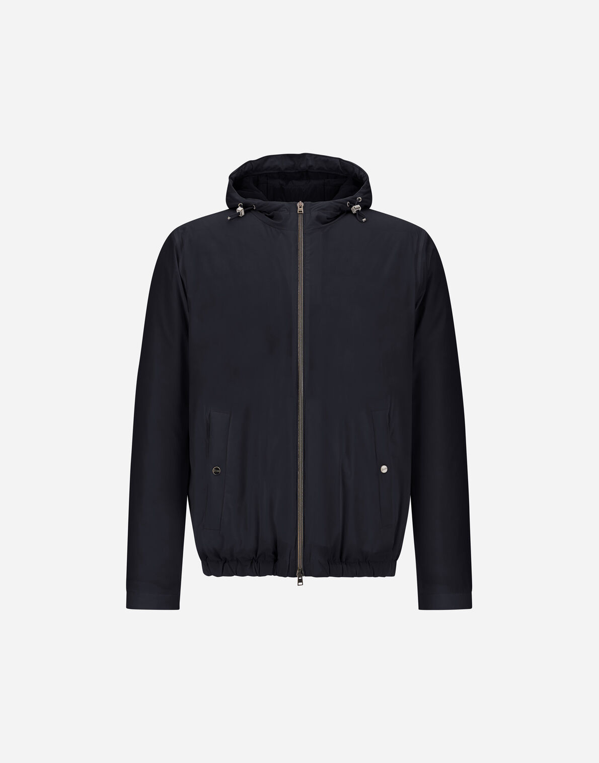 IMG_2175 - New Trend Navy zip-up hooded jacket with front pockets and elastic hem, shown front view.