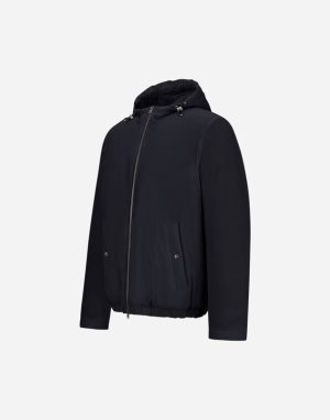Navy hooded jacket with zip front and two side pockets, displayed on a white background.