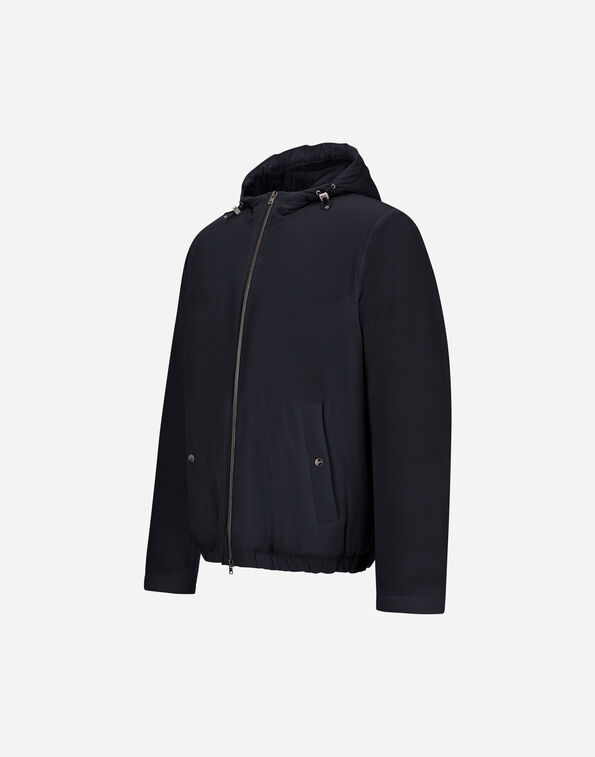 Navy hooded jacket with zip front and two side pockets, displayed on a white background.