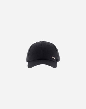 Dark gray baseball cap with a curved brim and a small metal logo plate on the side