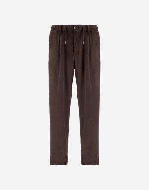 Brown relaxed-fit trousers with a drawstring waist and belt loops.